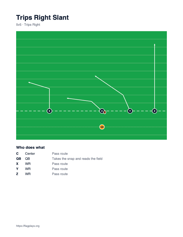 An exported Trips Right Slant playbook page, showing the field diagram and a Who does what assignment list.
